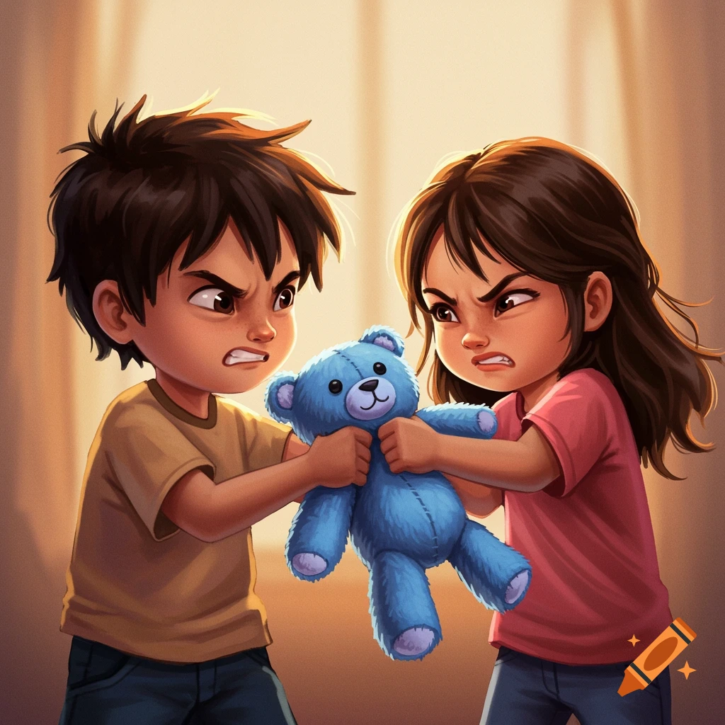 Two children arguing over a blue teddy bear.