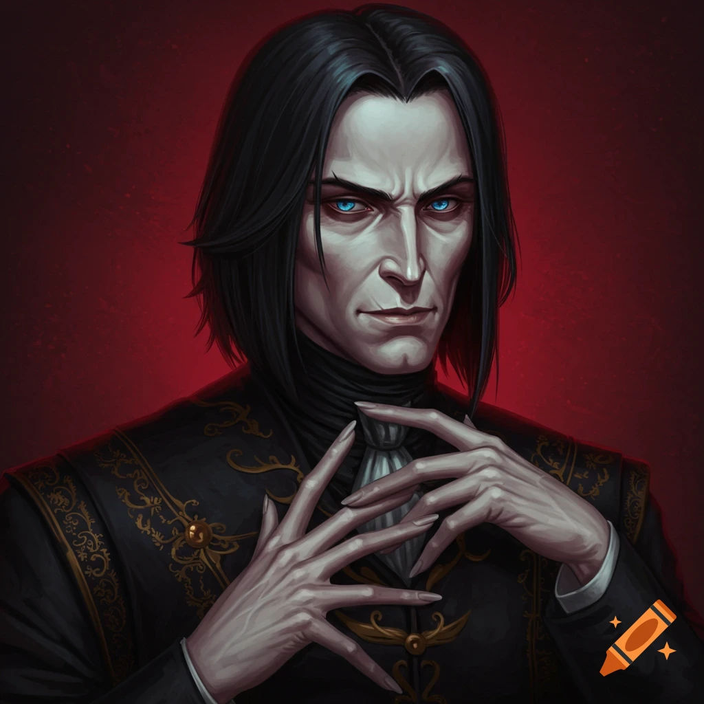 A pale man with black hair, blue eyes, and an ornate black and gold jacket, hands clasped.