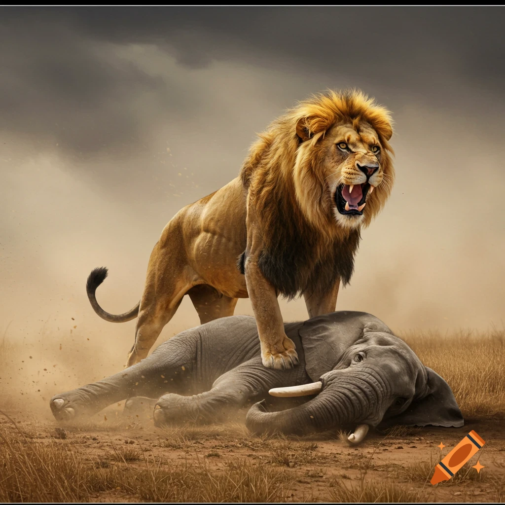 A roaring male lion standing over a fallen elephant in a dusty savannah.