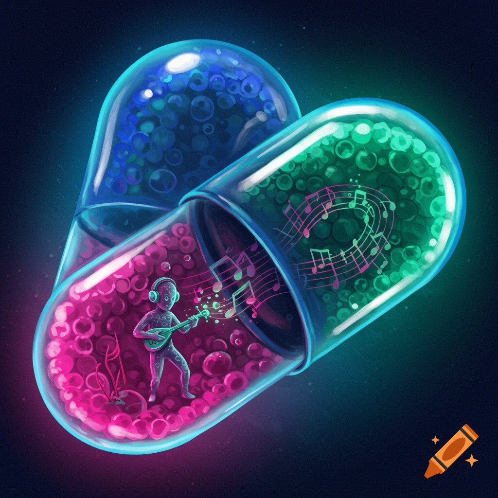 Two translucent medicine capsules, one blue and one green, are filled with colorful spheres. One capsule contains a small figure playing a guitar, surrounded by musical notes.