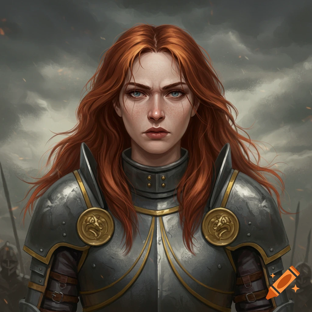 A female warrior with red hair and armor