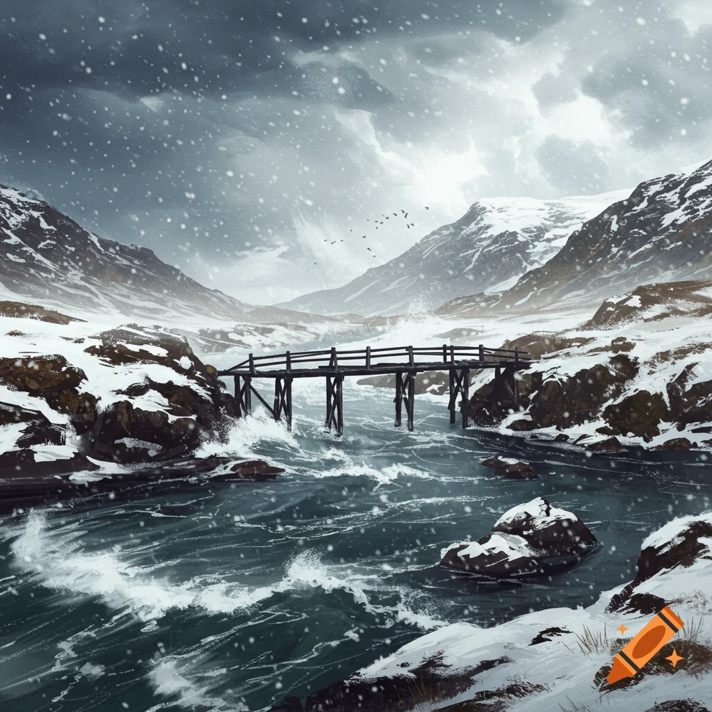 A rickety bridge crosses a raging river in a snowy mountain landscape during a storm.