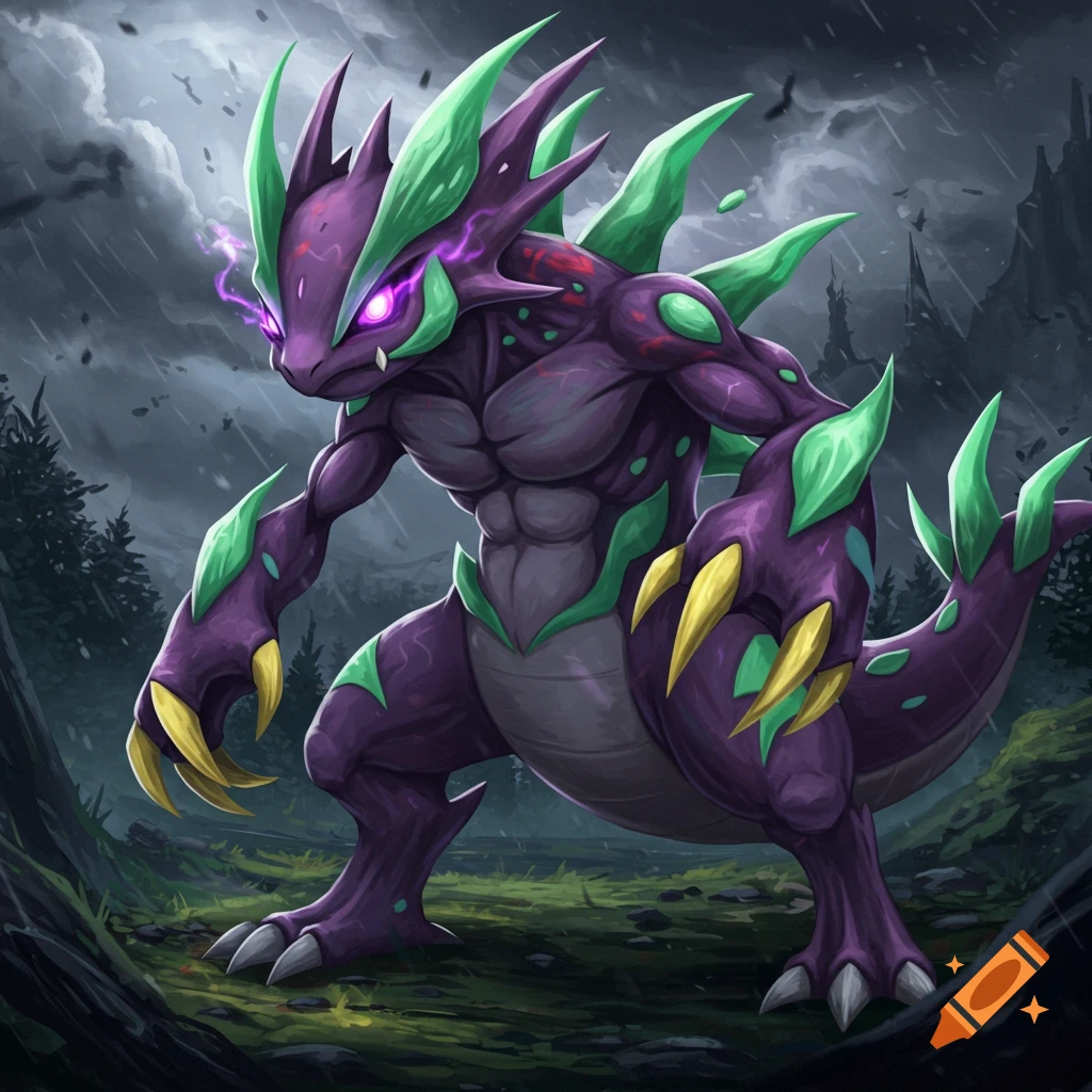 A muscular purple and green fantasy creature with sharp claws stands in a stormy forest.