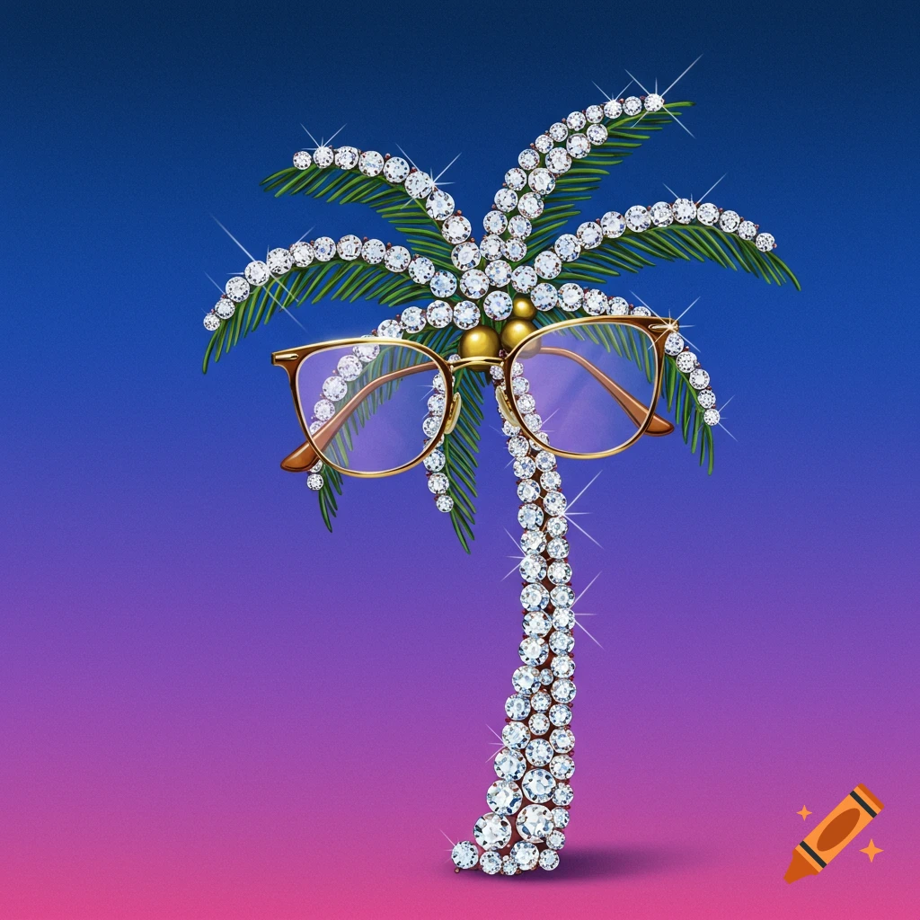 A palm tree made of diamonds wears gold sunglasses on a gradient background.