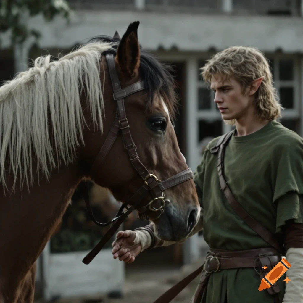 A young man with elf ears touches a brown horse on a farm.
