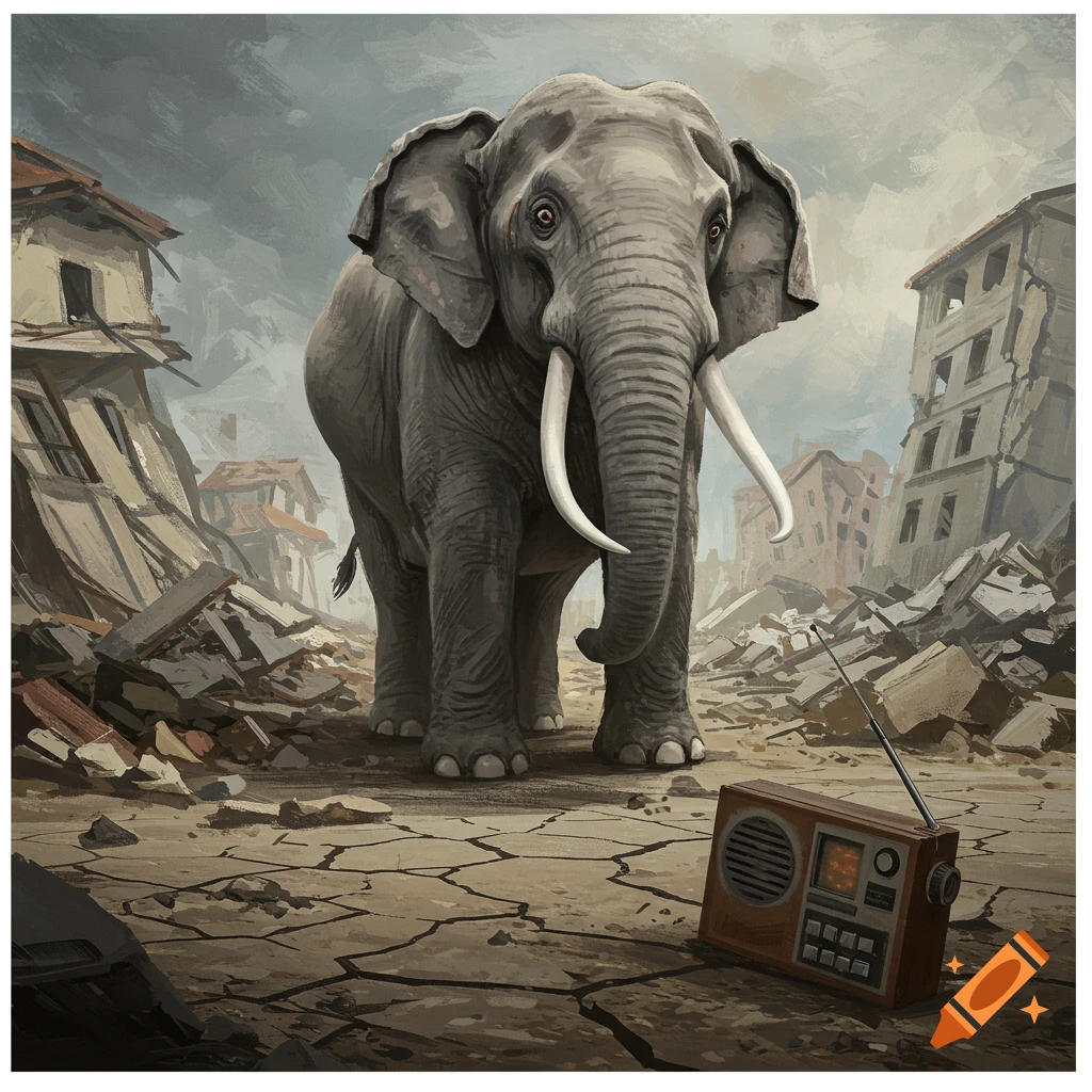 A large elephant standing in a ruined city with a radio in the foreground.