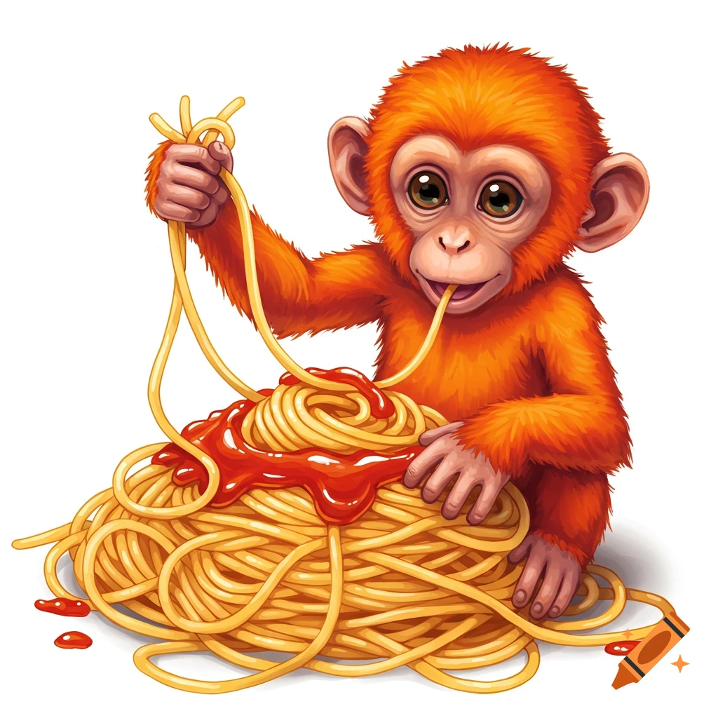 A cartoon monkey eating a large pile of spaghetti. on Craiyon