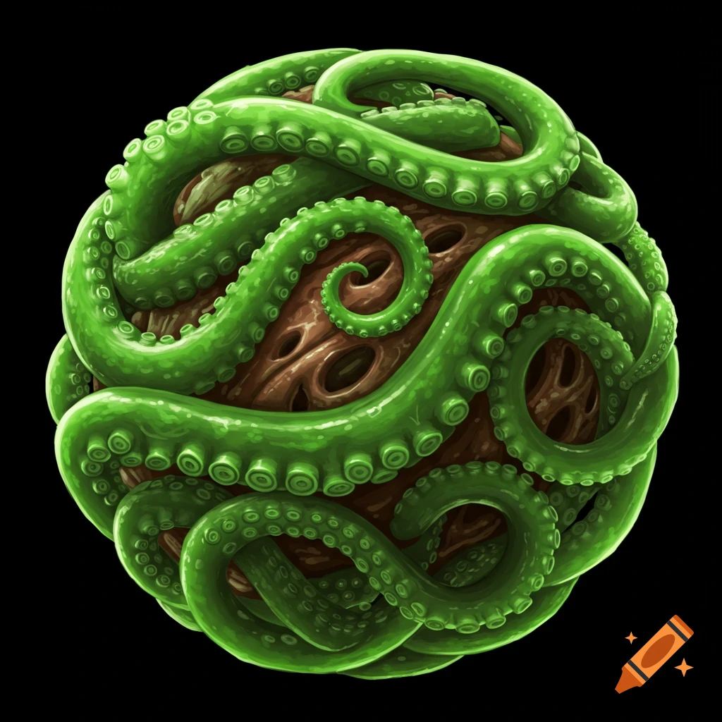 A sphere covered in intertwined green tentacles.