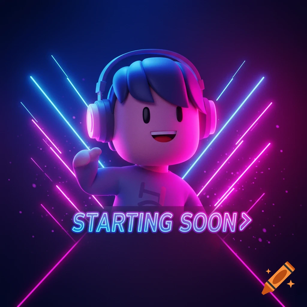 3D rendered cartoon character with headphones surrounded by pink and blue neon lights, text says "STARTING SOON".
