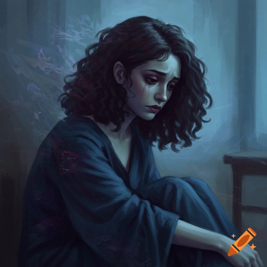 A sad woman with dark curly hair is sitting and hugging her knees.