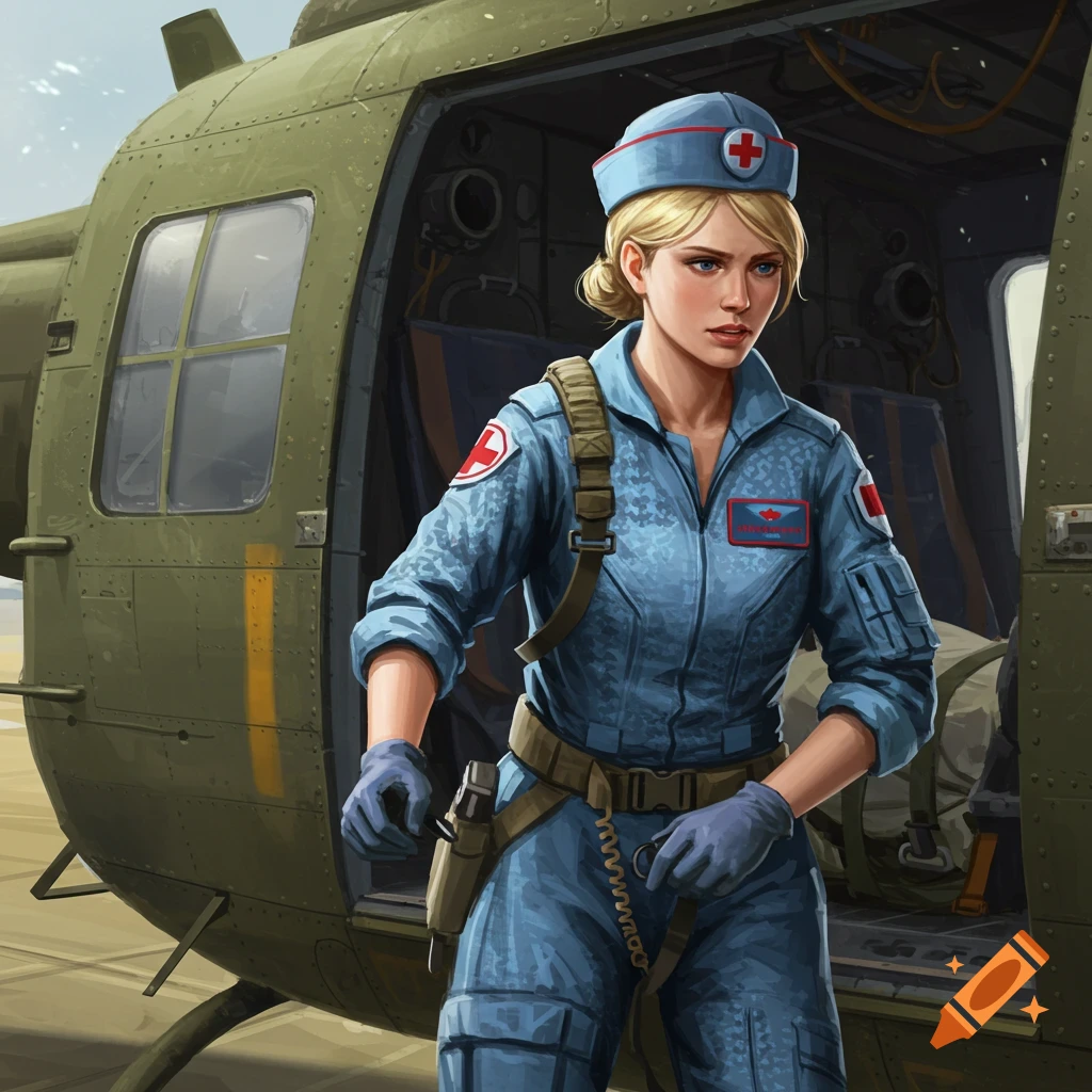A blond flight nurse standing beside a helicopter