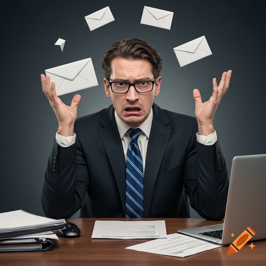 Man in suit looks stressed at desk with floating emails around him. Studio shot.