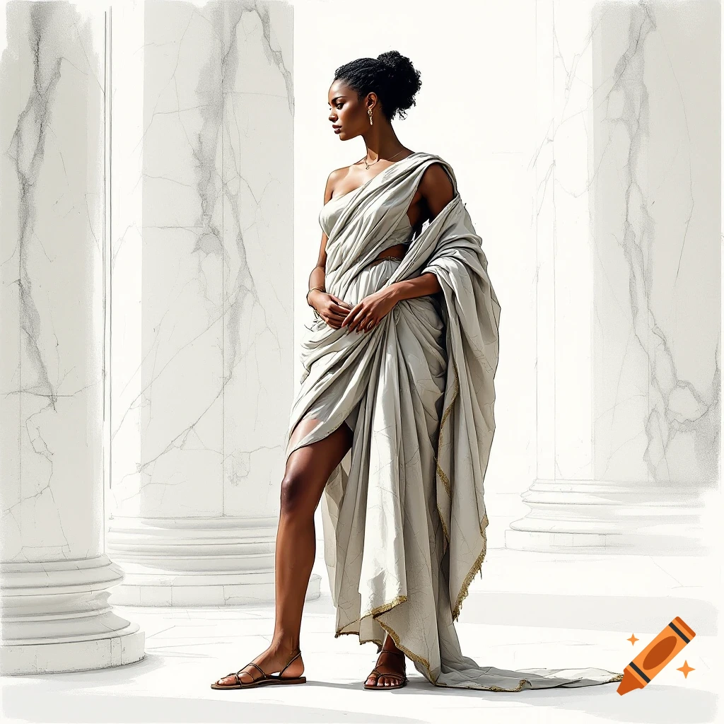 A woman in a Roman-style dress and sandals stands among marble columns.