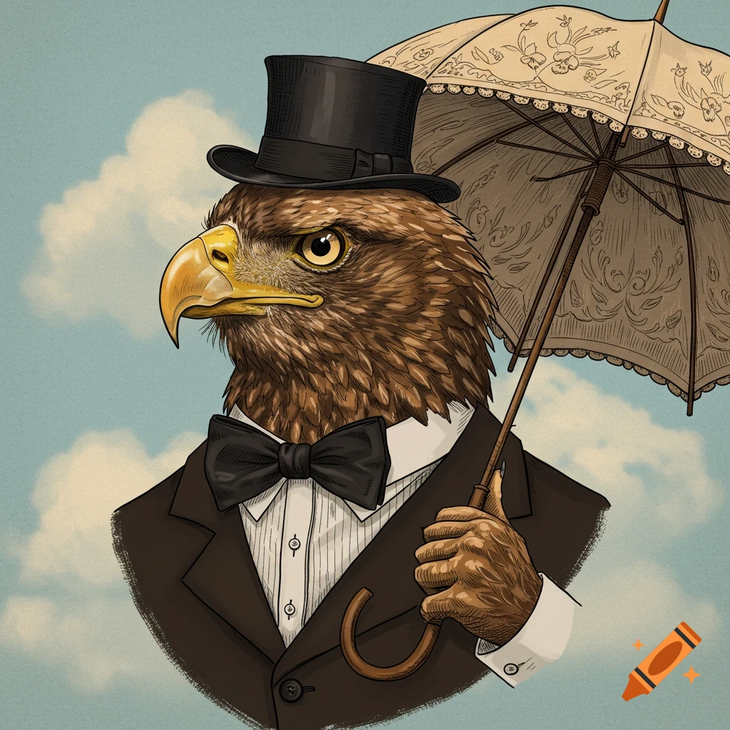 An eagle in a suit and top hat holding an umbrella.
