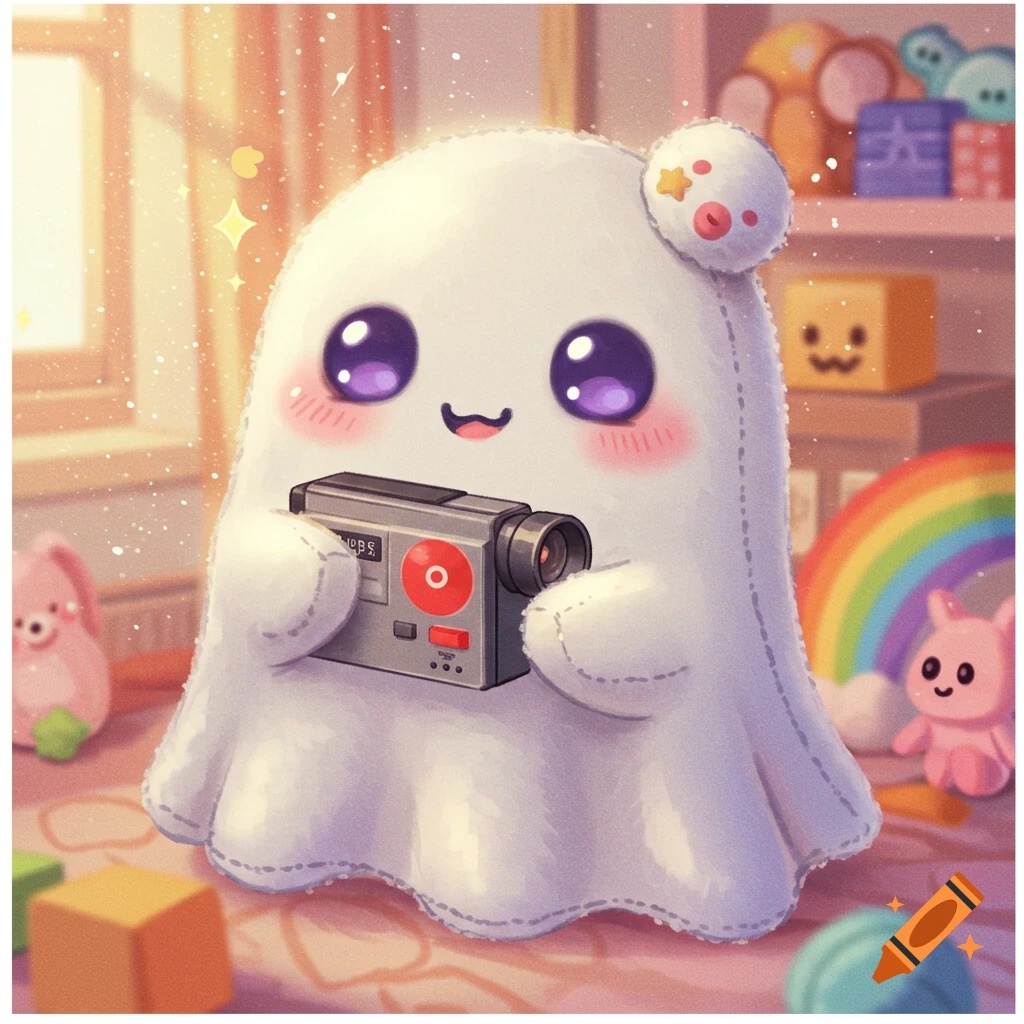 Cute ghost plushie holding a camcorder in a bright toy room, digital art.