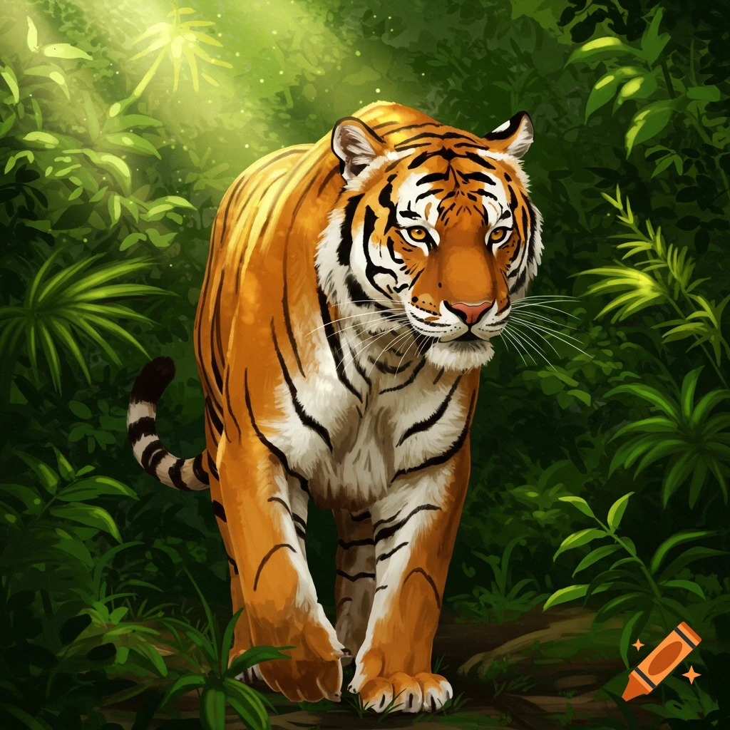 A tiger walking through a sunlit jungle