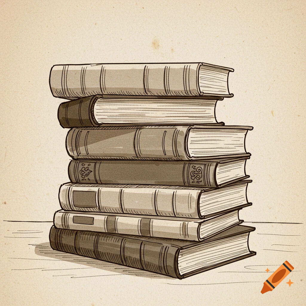 A hand-drawn illustration of a stack of old books.