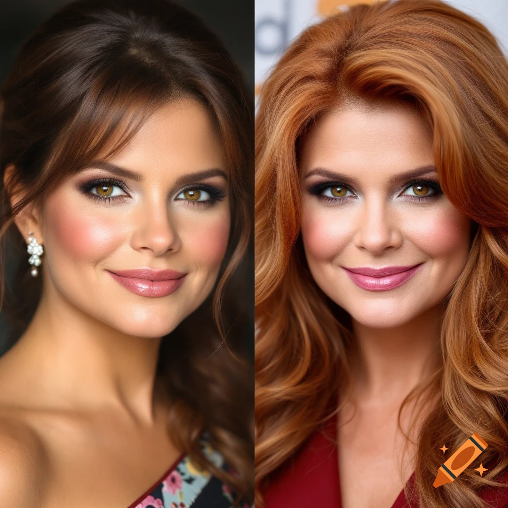 Split portrait comparing two women, one with brown hair, the other with red hair, both smiling.