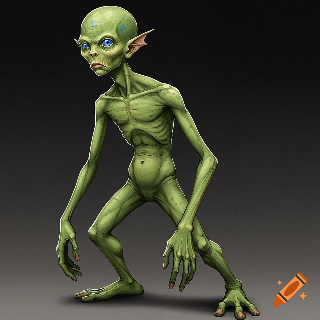A skinny green creature with blue eyes and large hands.
