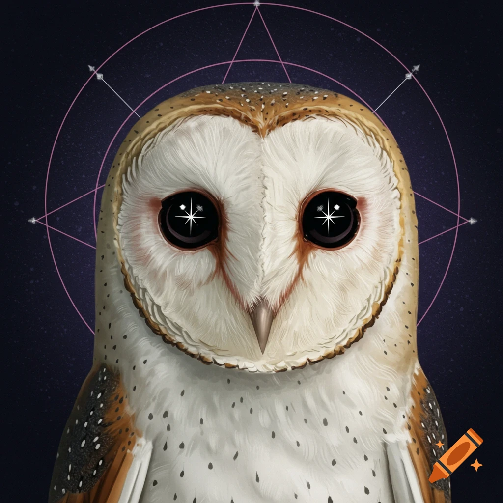 A barn owl with starry eyes and a geometric halo