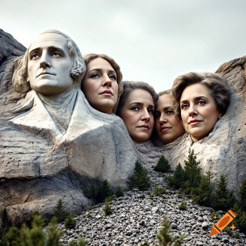 Mount Rushmore carved with four women's faces instead of presidents.