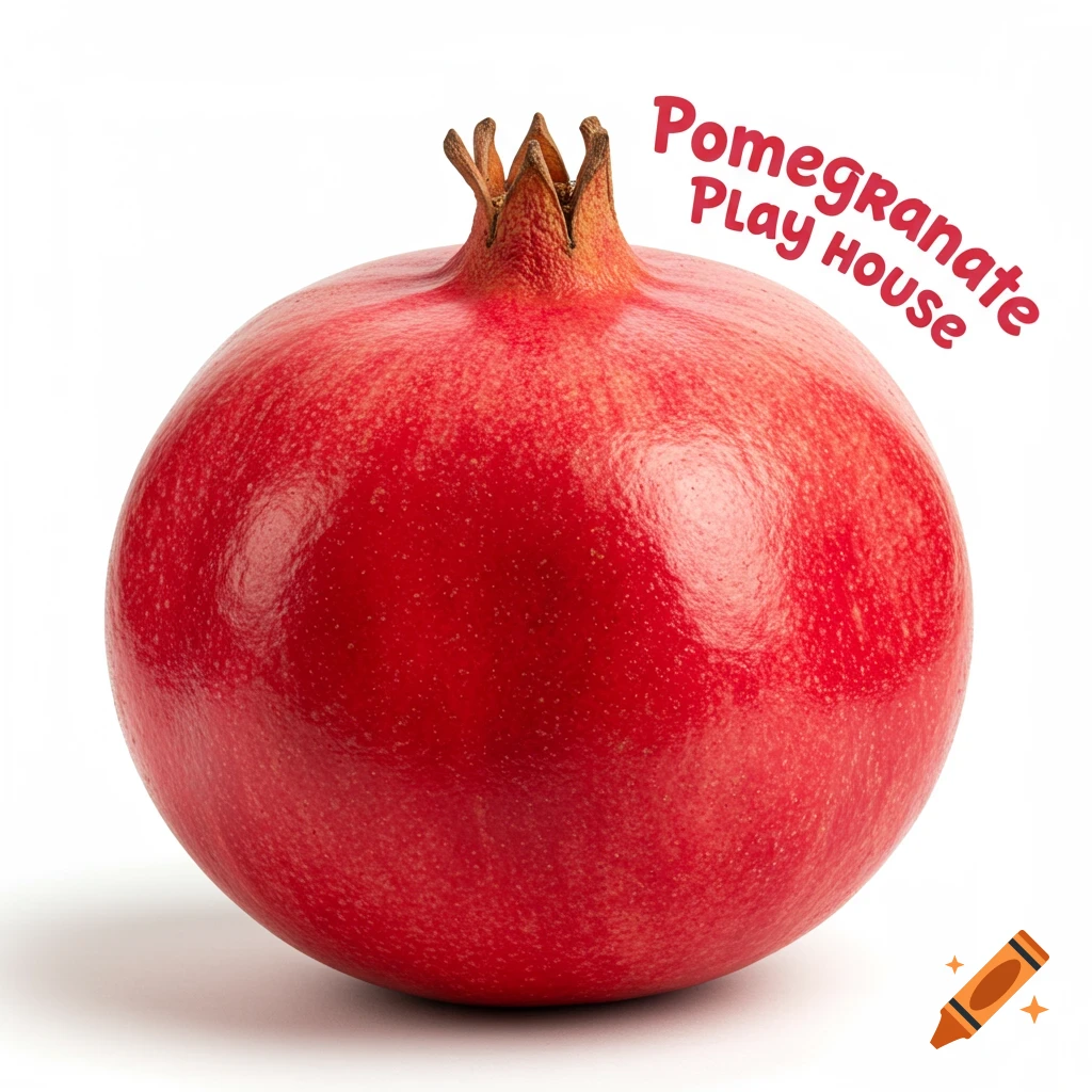 Photorealistic image of a pomegranate with the words 'Pomegranate Play House' above it.