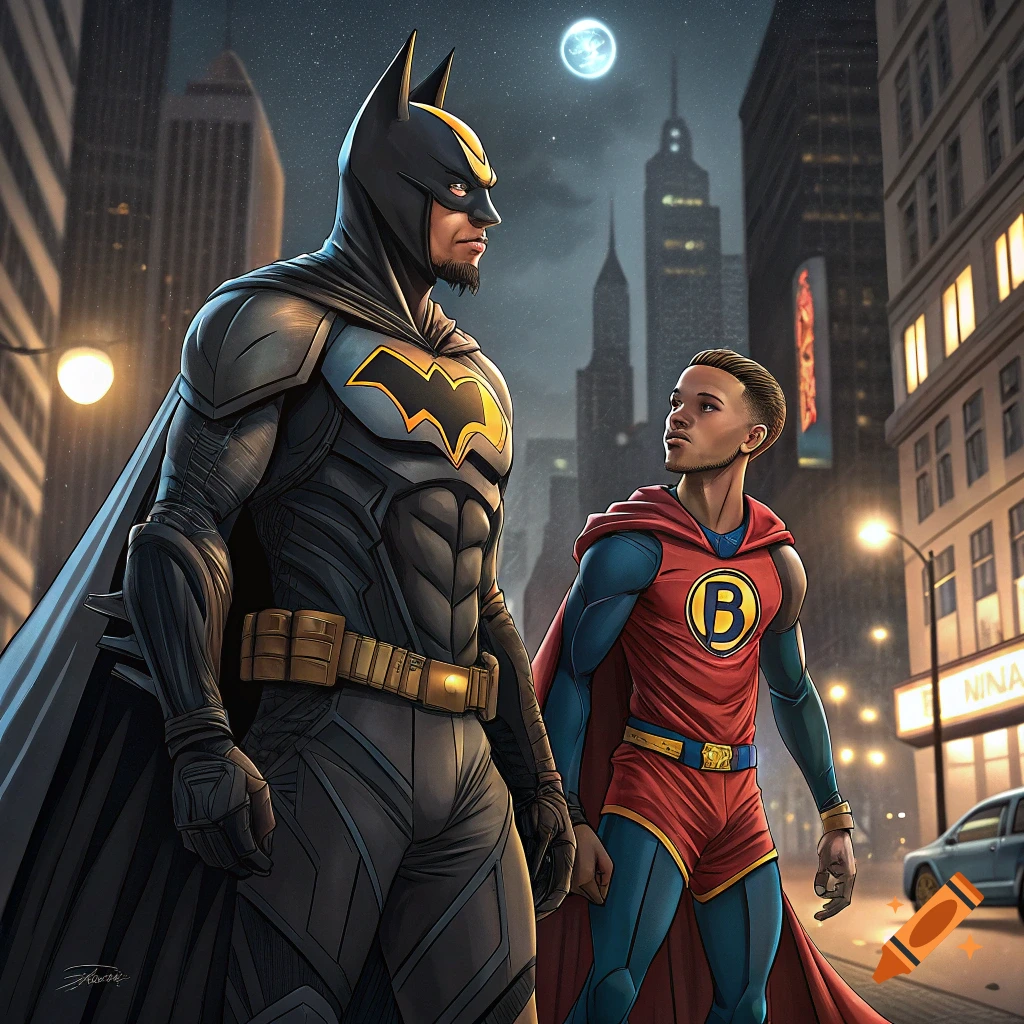 Batman and a young hero in a red and blue costume stand in a city at night
