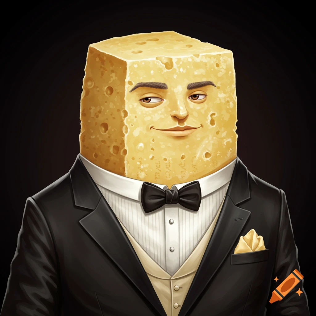 A block of Parmesan cheese wearing a tuxedo.