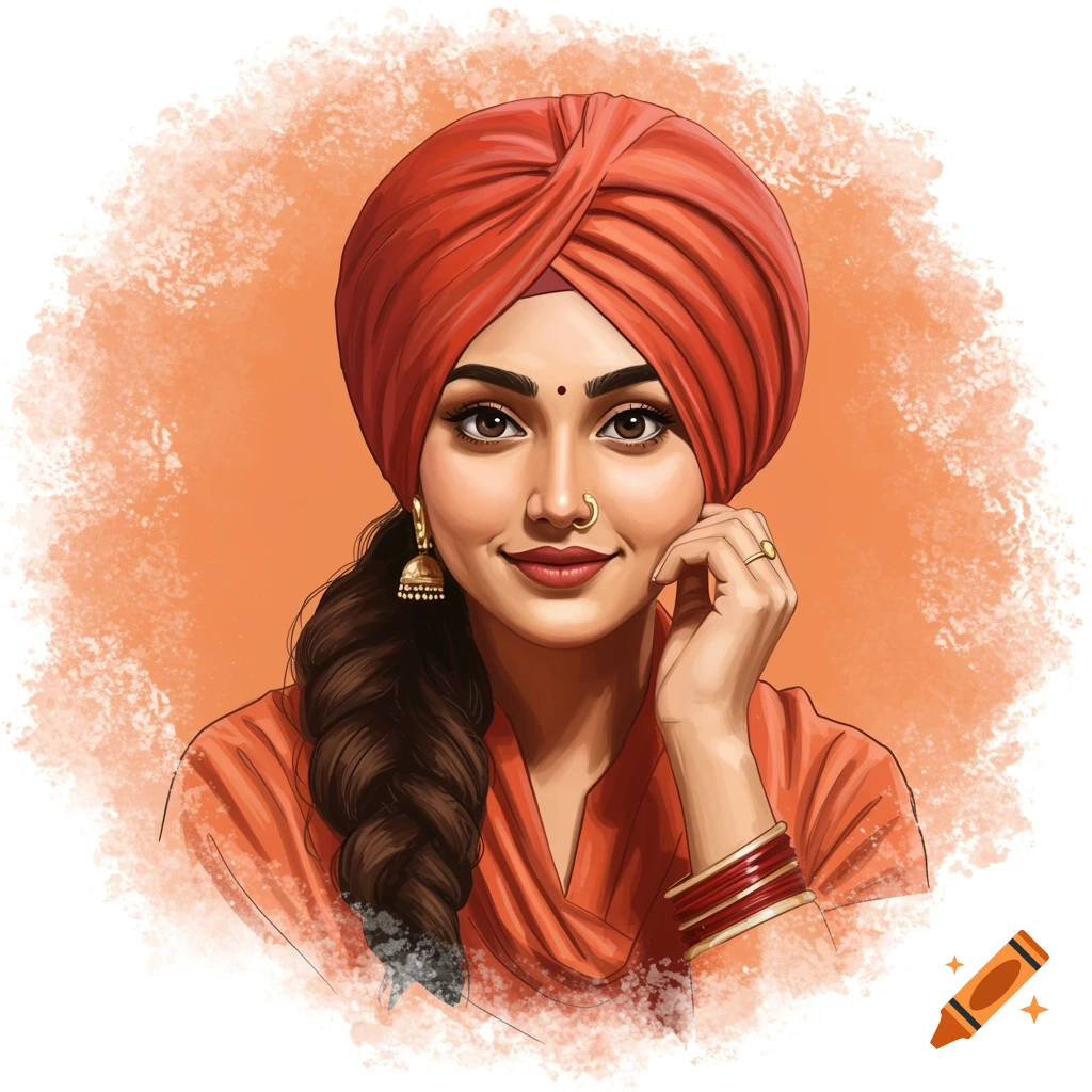 A woman in a red turban and traditional jewelry is depicted.