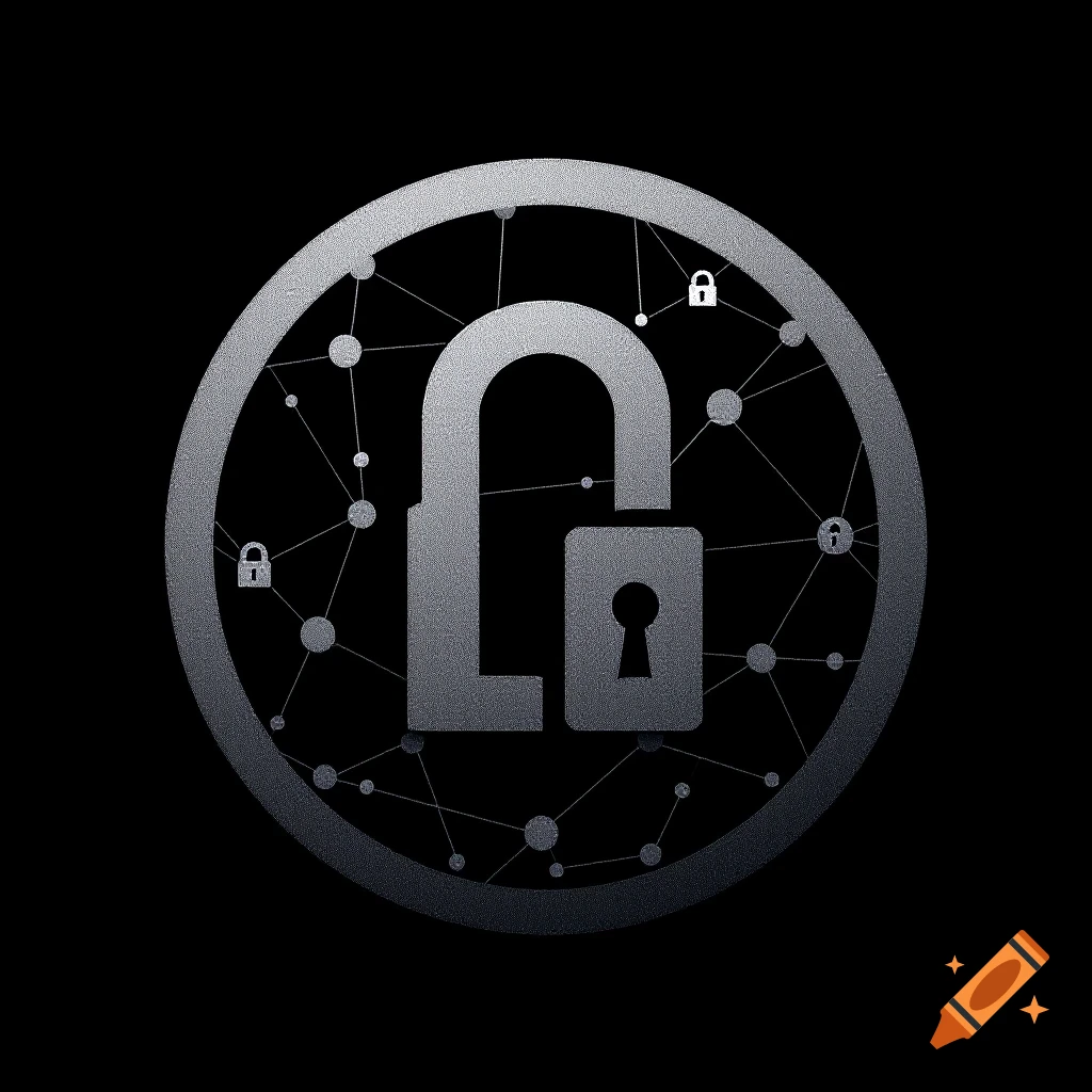 Silver-gray circular logo with an unlocked padlock and network pattern on black background.