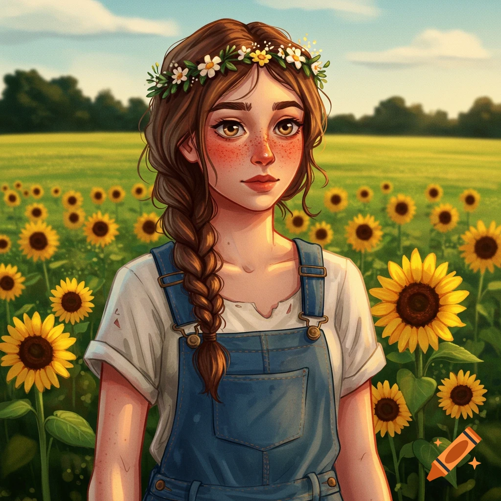 Farm girl in overalls and flower crown standing in a sunflower field.
