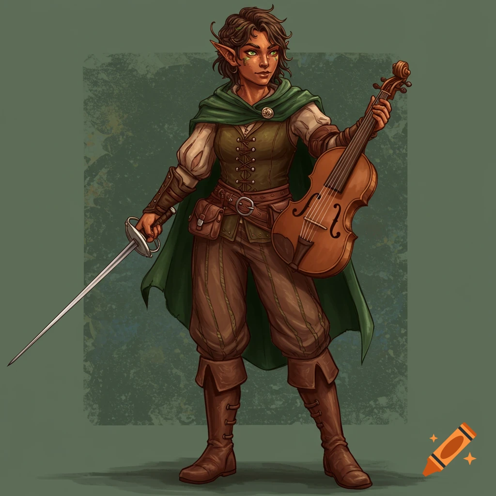 A wood elf bard holds a rapier and a viol.