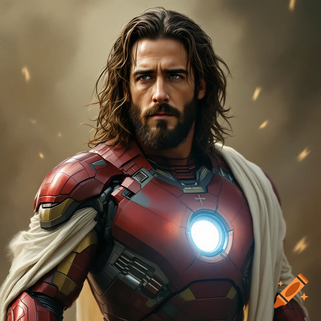 A man resembling Jesus wears an Iron Man suit and a white robe.