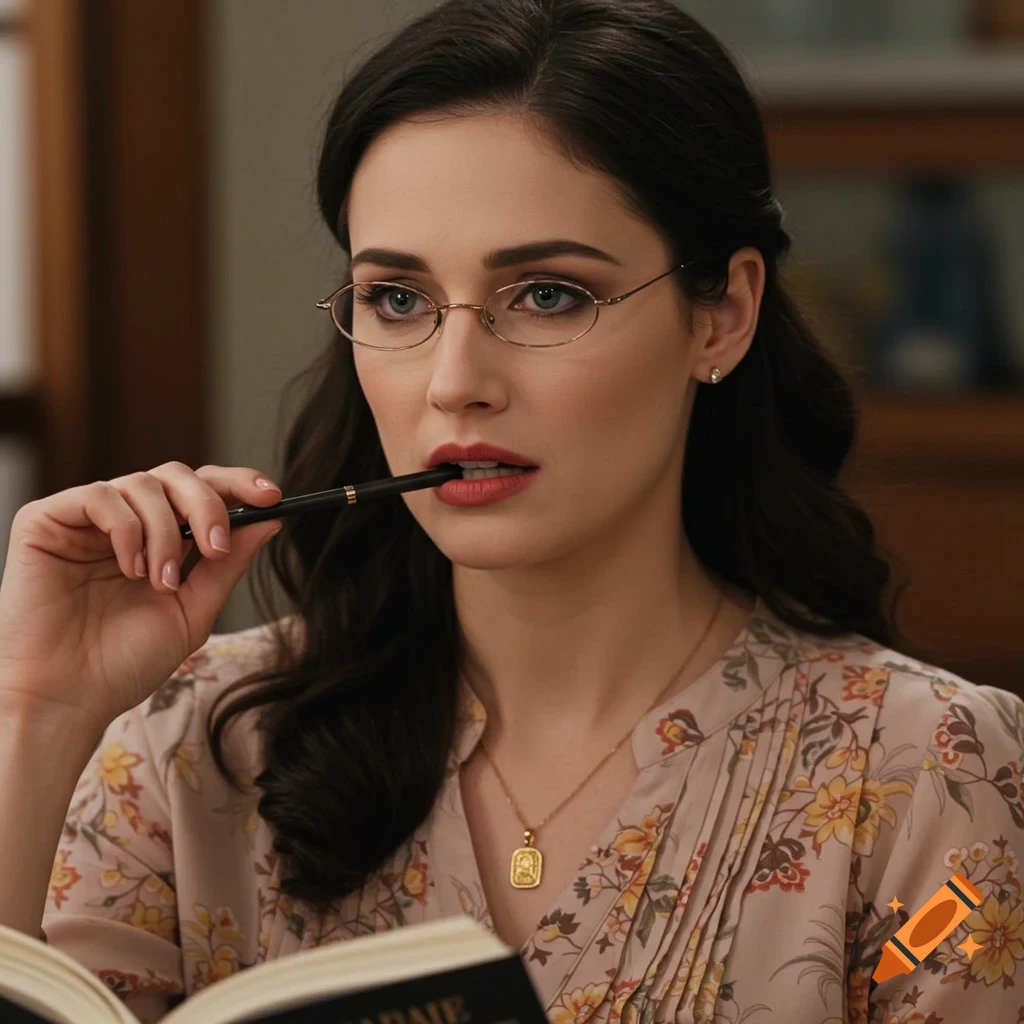 Photo-realistic portrait of a woman with dark hair and glasses biting a pen while reading a book.