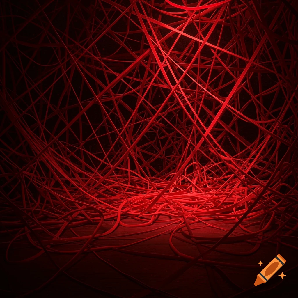 Tangled red bands or tubes in a dark, dimly lit space, digital art