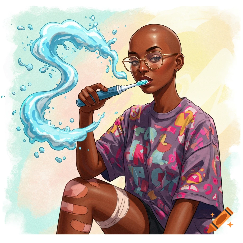 Image of a bald person with glasses brushing their teeth, with toothpaste splashing.