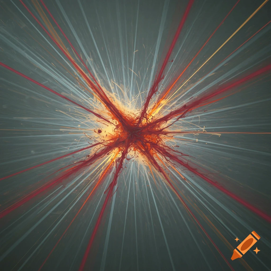 Abstract depiction of a central fiery burst with radiating red, orange, and white light trails.