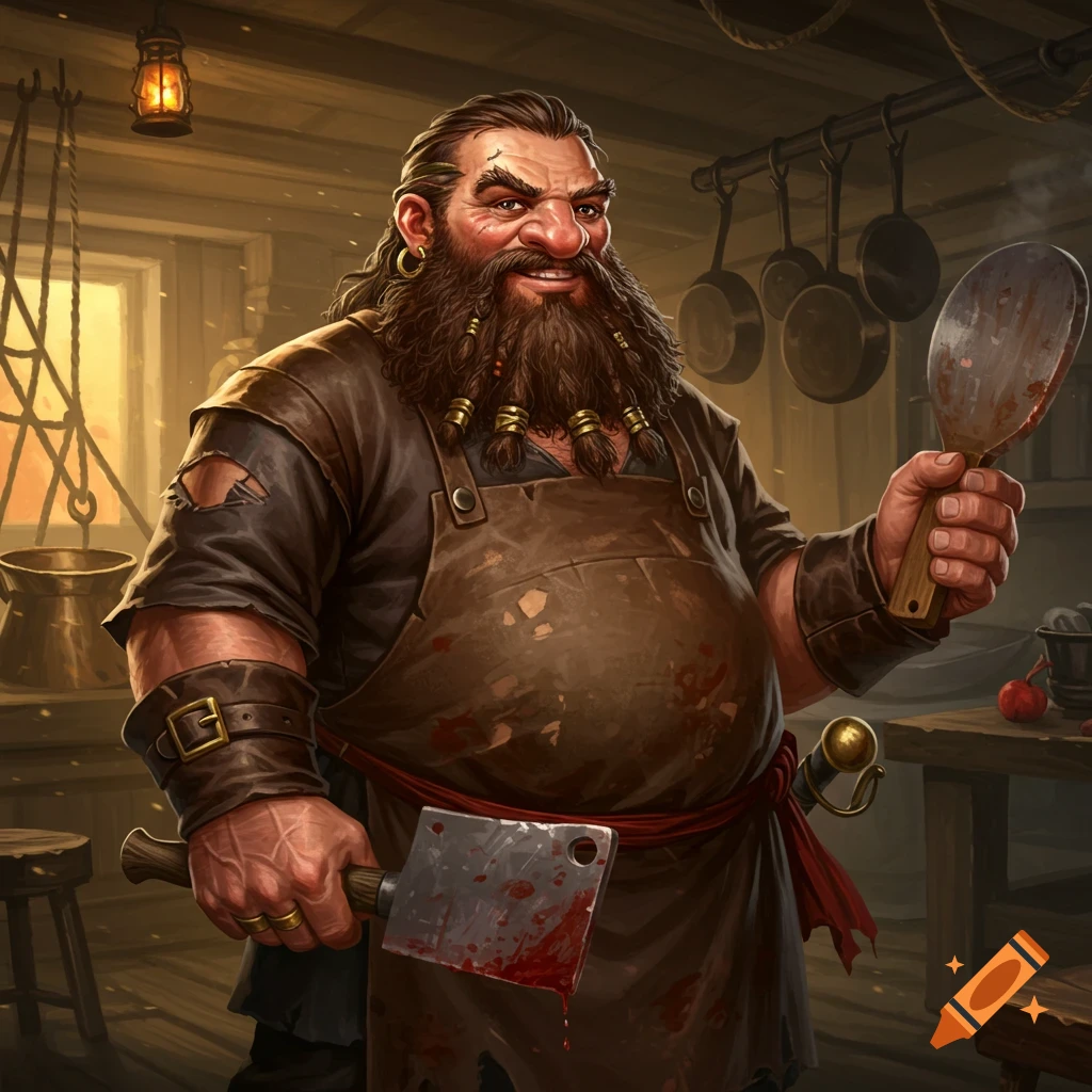 A smiling dwarf cook holds a bloody meat cleaver and spatula.