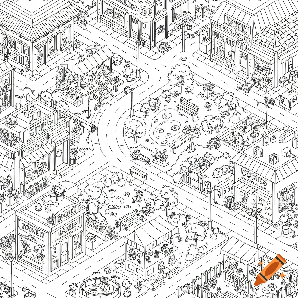 Line art illustration of a whimsical town street with shops and a park.