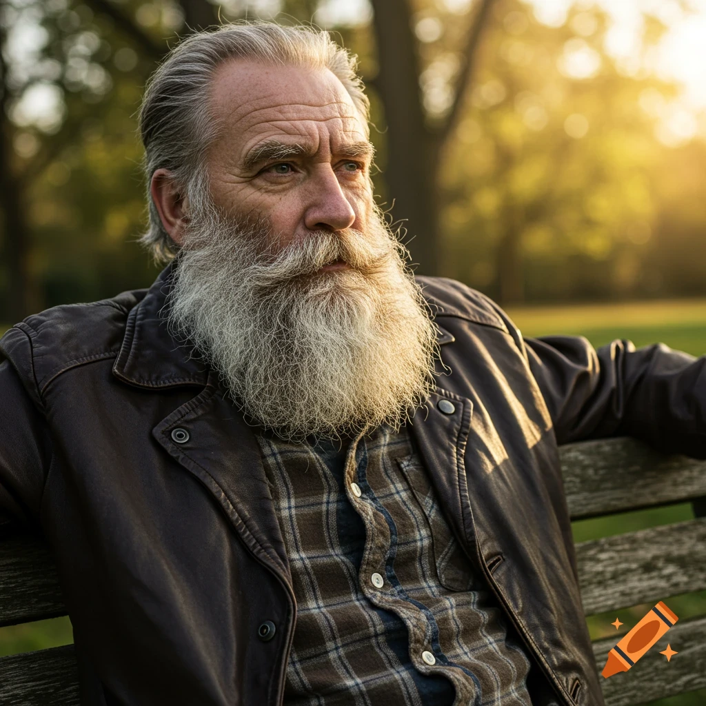 Photorealistic portrait of an older man with a long beard sitting on a park bench.
