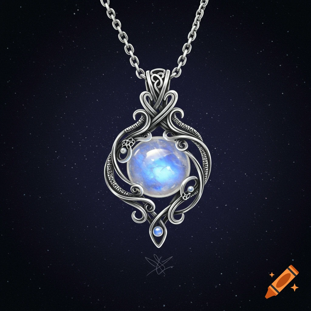 Silver pendant with moonstone center and intricate wire work against a starry background