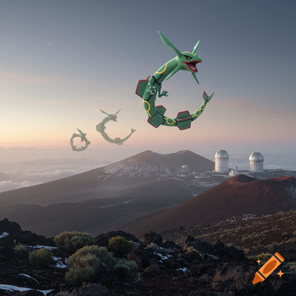 Rayquaza, the legendary green sky serpent Pokemon, flying over a rocky mountain landscape with observatories at sunrise.