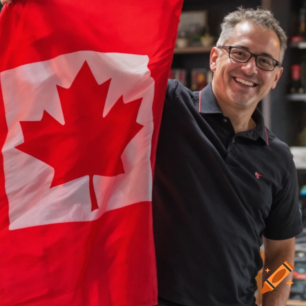 A smiling man holds up a Canadian flag.