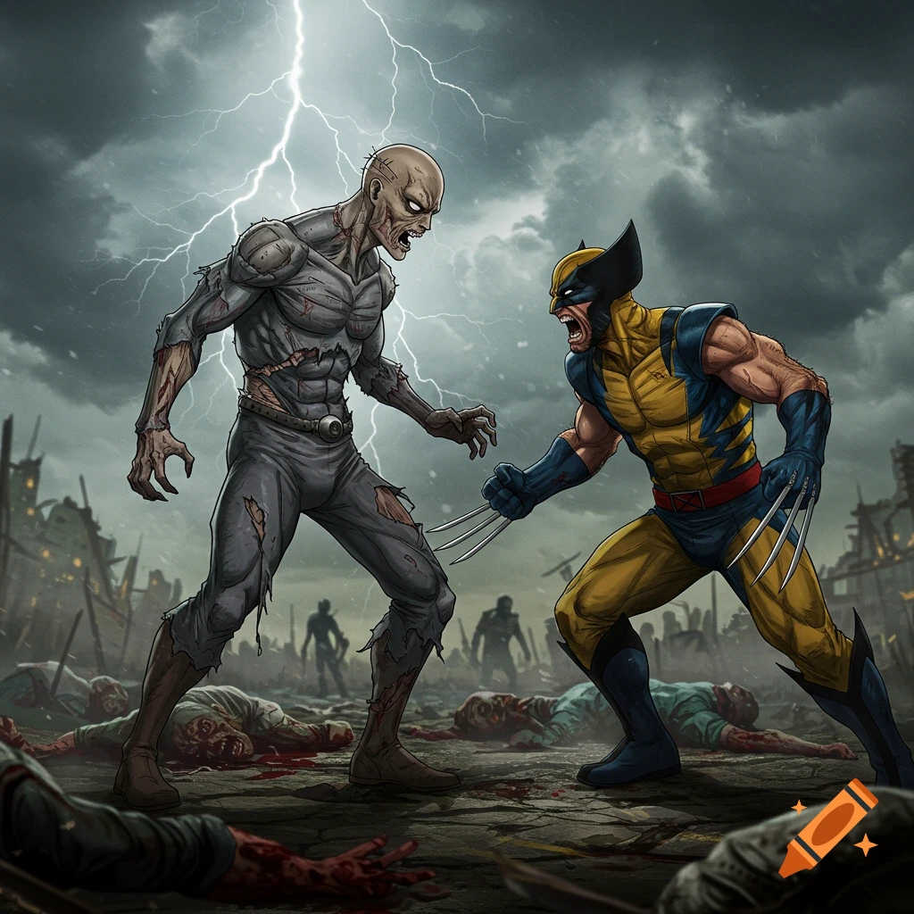 Comic art of Wolverine battling a zombie in a destroyed city under a lightning storm, surrounded by dead bodies.