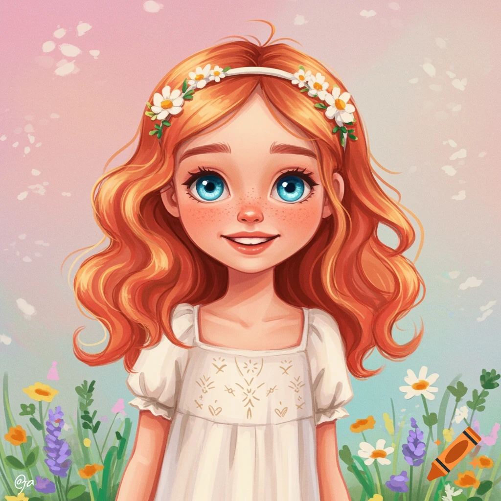 Whimsical portrayal of a girl with red hair, blue eyes, and a floral headband in a field of wildflowers.