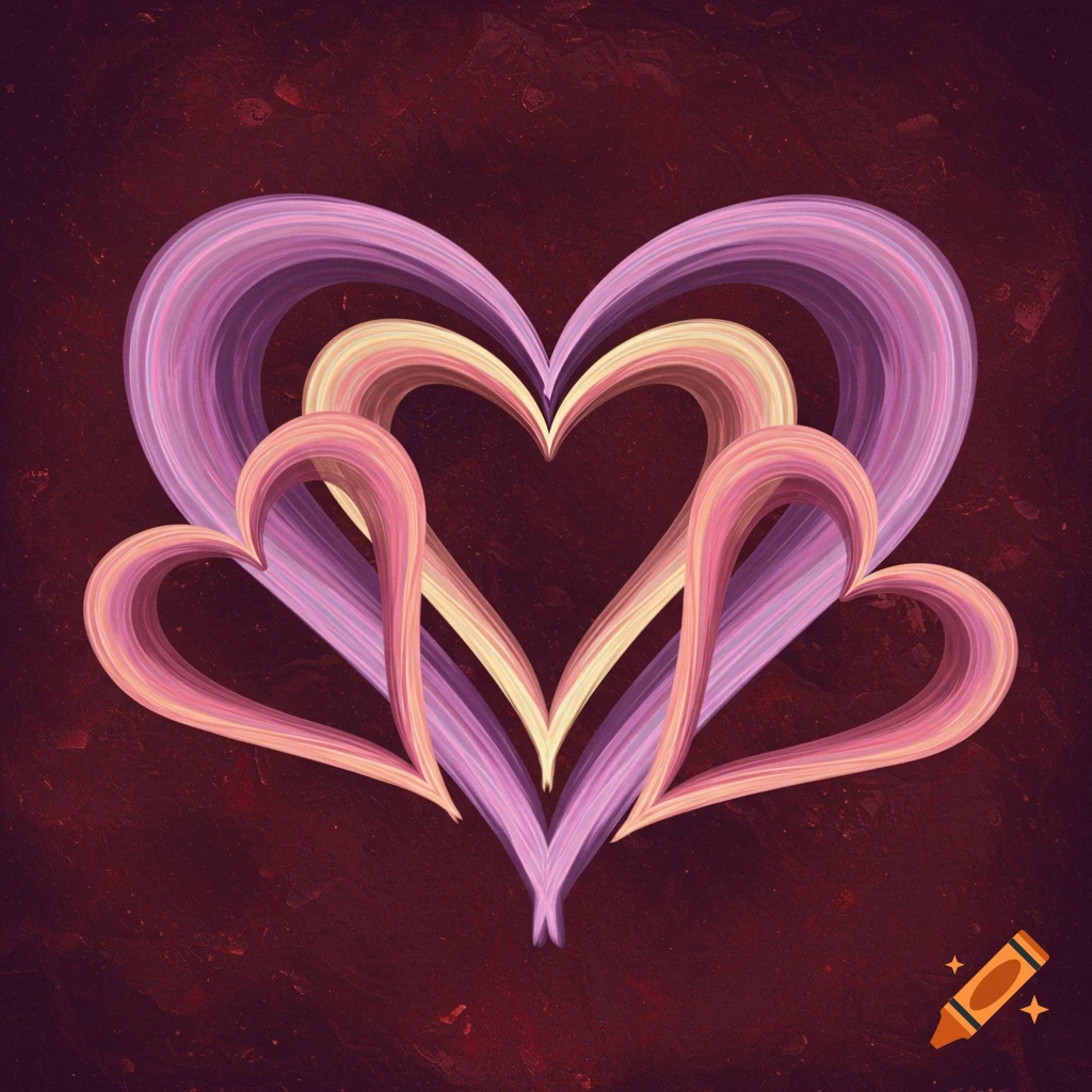 Three intertwined hearts in shades of pink, purple, and yellow against a dark red textured background.