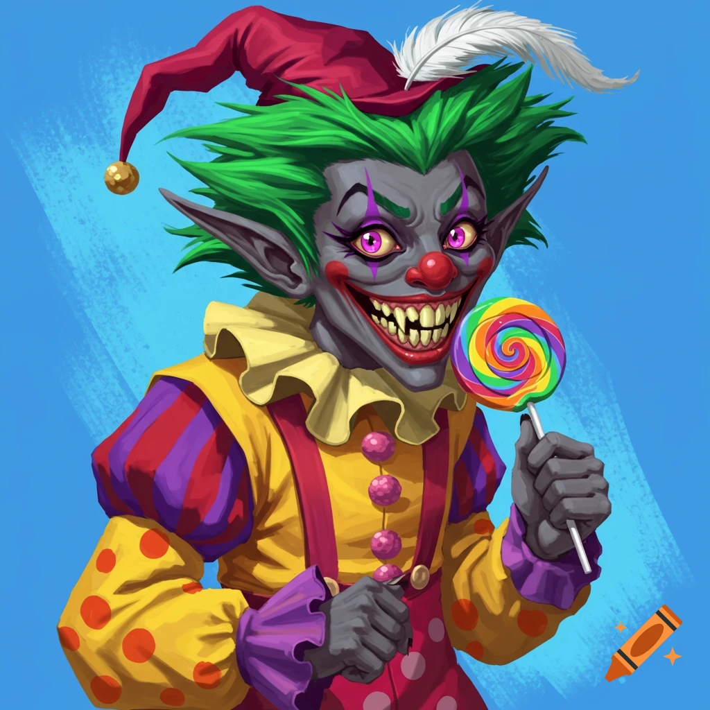 A creepy dark elf clown with green hair and purple eyes holding a rainbow lollipop.