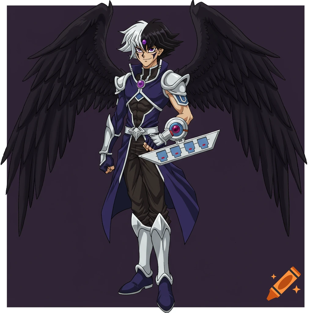 Full-body anime drawing of a dark-winged character with split black and white hair, a duel disk, and purple markings.
