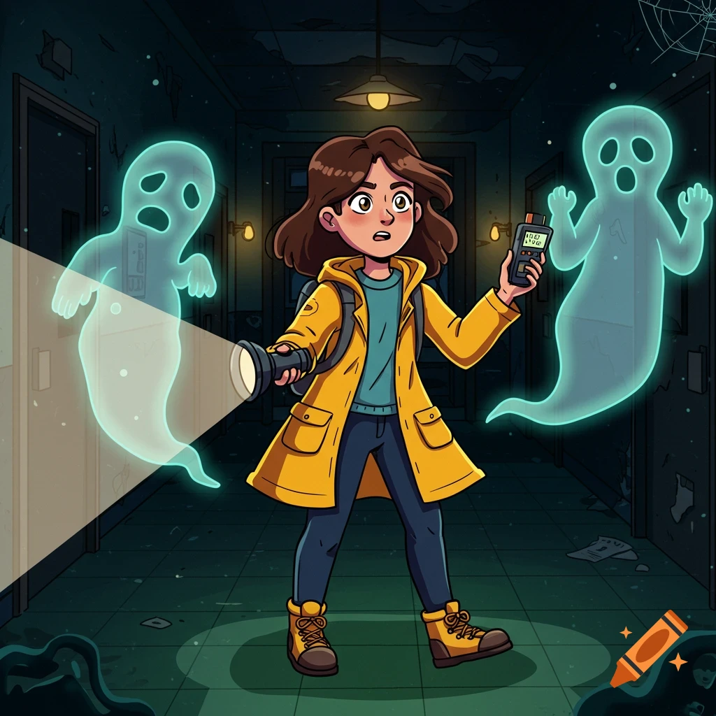 A cartoon of a young paranormal investigator exploring a dark hallway with a flashlight and EMF reader, surrounded by ghosts.