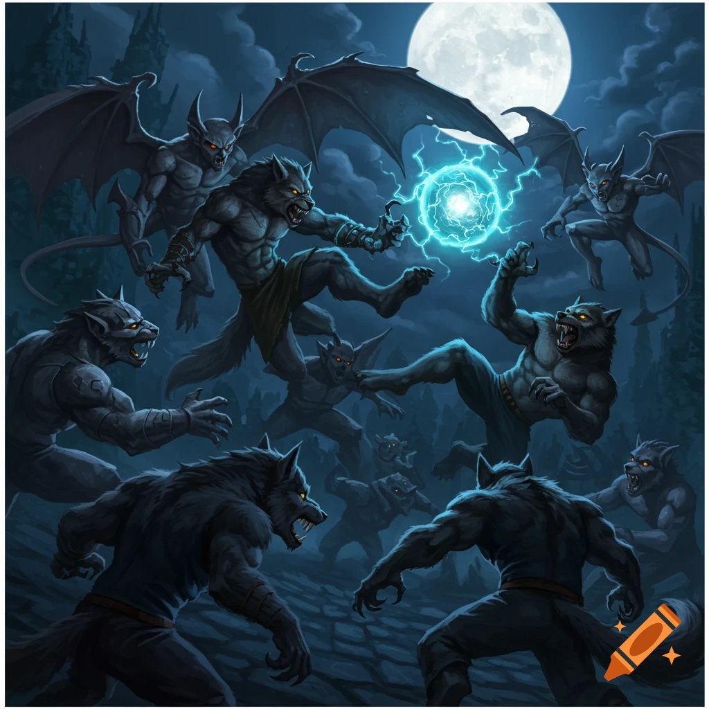 Werewolves and gargoyles fighting around a glowing energy orb under a full moon.